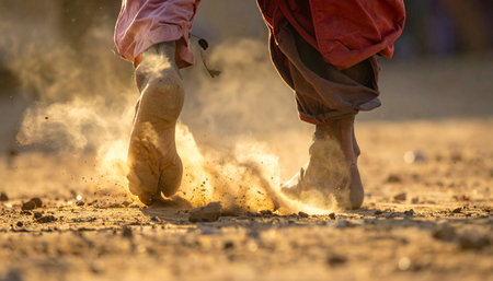 In the warm glow of the setting sun, a person walks barefoot along a dry, dusty path.の素材