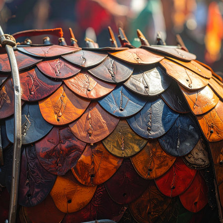Each overlapping scale, dyed in rich earthy tones and weathered by countless mock battles, tells a story of adventure.の素材