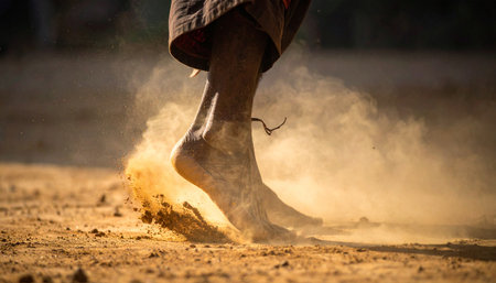 A close-up shot captures the raw energy of bare feet in motion, kicking up a cloud of golden dust in the warm sunlight.の素材