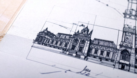 A close-up view reveals the intricate details of a hand-drawn architectural sketch.の素材