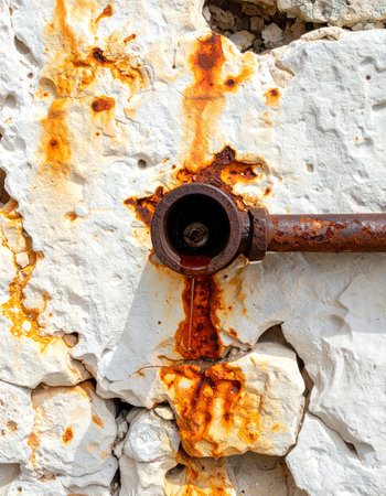 A close-up view captures the stark contrast between a heavily corroded iron pipe and the bright white stone wall it emerges from.の素材