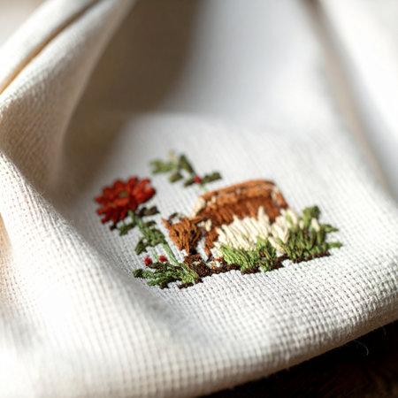 A close-up view captures the intricate detail of a handmade cross-stitch design.の素材