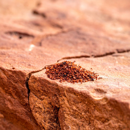 A small, precious pile of ancient red grains rests in a crevice of a sun-baked desert stone.の素材