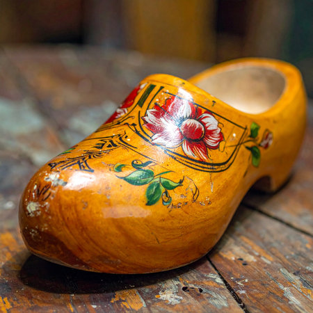 A beautifully hand-painted Dutch wooden shoe rests on a rustic table, its glossy finish catching the light.の素材