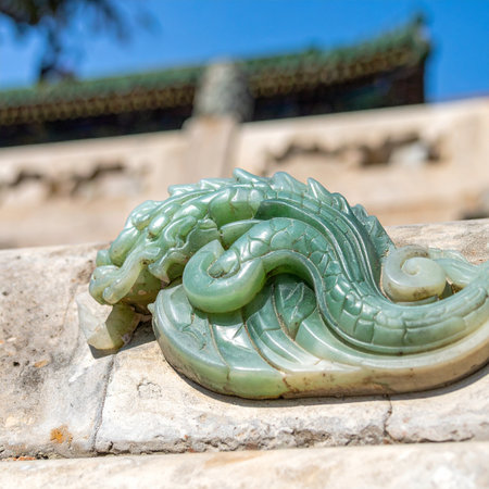 A beautifully detailed green jade carving, possibly depicting a mythical dragon or powerful ocean waves, rests on an ancient stone wall.の素材