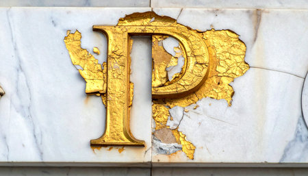 A close-up of a once-proud golden letter 'P', its gilded surface now peeling and flaking away from a cracked marble wall.の素材