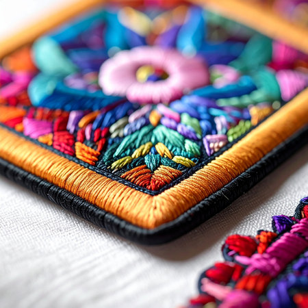 A macro perspective reveals the incredible detail and vibrant threads of a handcrafted embroidery piece.の素材