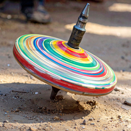 A classic wooden spinning top, painted with vibrant rainbow stripes, blurs into a mesmerizing display of color as it balances perfectly on the sandy ground.の素材