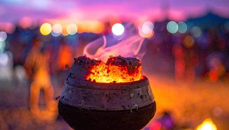 A ceremonial torch burns brightly against a vibrant twilight sky, its warm glow illuminating the start of a festive night.の素材