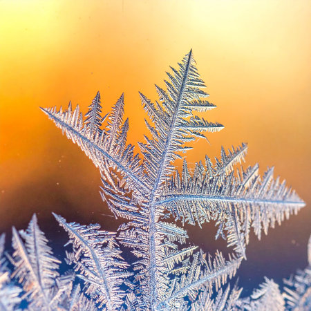 A stunning macro view captures the delicate and intricate patterns of a frost crystal, resembling a feathery fern.の素材