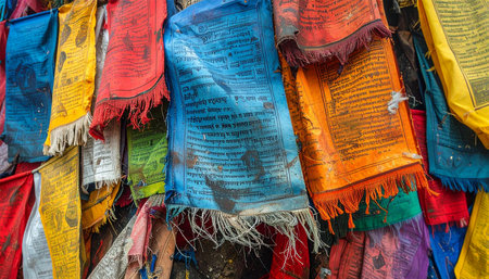 A close-up view of vibrant Tibetan prayer flags, inscribed with sacred mantras, fluttering in the mountain breeze.の素材