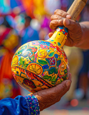 An artisan's hands gently hold a brightly painted gourd, a masterpiece of traditional folk art.の素材