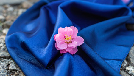 A single, delicate pink blossom rests gracefully upon a cascade of rich, royal blue silk.の素材