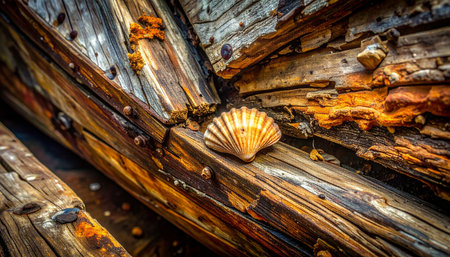 A lone scallop shell, a resilient treasure from the sea, rests upon the deeply textured and decaying timbers of a forgotten shipwreck.の素材