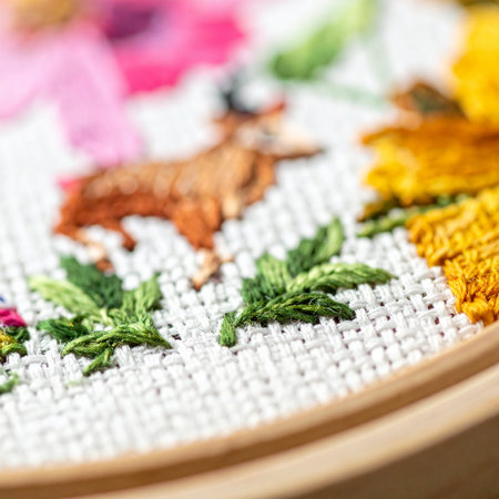 A close-up view captures the intricate details of a handmade embroidery project.の素材