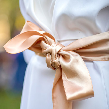 A delicate champagne satin bow is tied perfectly around a crisp white chair cover, adding a touch of elegance and romance to a special celebration.の素材