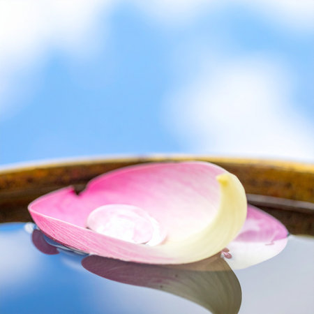 A single, delicate pink petal rests gently on the still surface of water, cradling a tiny droplet.の素材