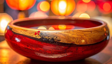 A beautifully handcrafted wooden bowl, rich with red and gold lacquer, sits peacefully as a centerpiece.の素材
