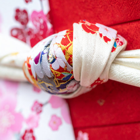 A close-up view captures the intricate detail and vibrant floral patterns of an obi knot on a traditional Japanese kimono.の素材
