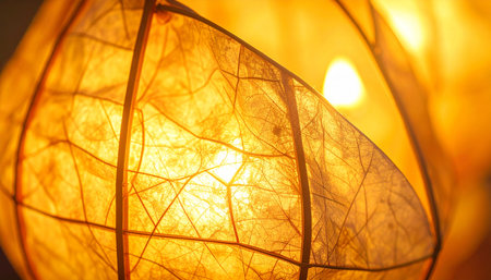 A close-up view reveals the intricate, veined texture of a natural physalis lantern, glowing warmly from within.の素材