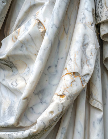 A close-up view reveals the graceful, flowing lines of drapery carved from ancient marble.の素材