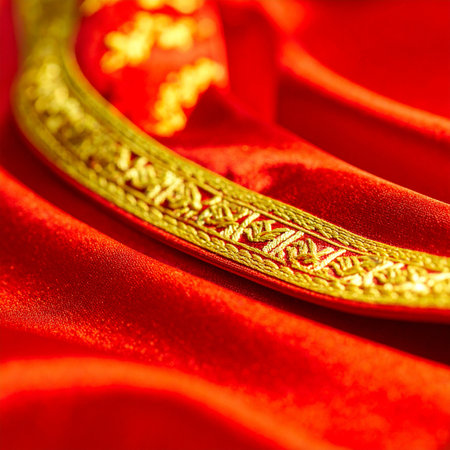 A symbol of prosperity and heritage, this exquisite gold bangle rests upon a bed of luxurious red silk.の素材