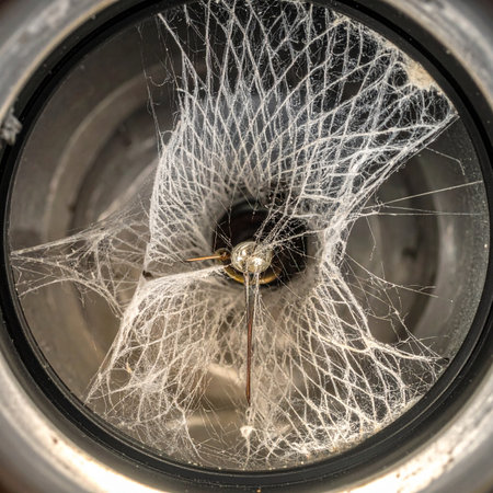 Through a grimy, circular porthole, an intricate and forgotten network of natural fibers spreads like a ghostly web.の素材