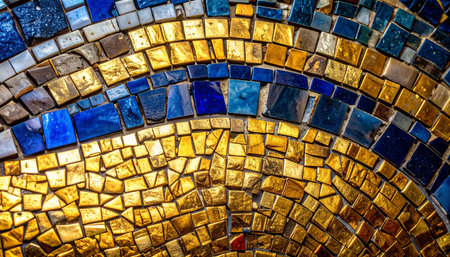 A close-up view of an ancient mosaic wall, where shimmering gold and deep sapphire blue glass tiles form an elegant, flowing pattern.の素材