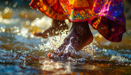 In the warm glow of golden hour light, a woman's bare feet create a beautiful splash in the water.の素材