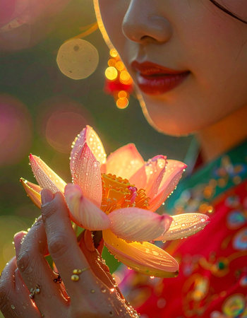 In the soft, warm glow of the rising sun, a woman in traditional attire finds a moment of pure tranquility.の素材