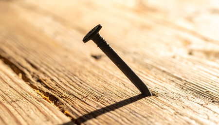 An old, rusty iron nail is firmly hammered into a weathered wooden plank, its long, dark shadow stretching across the textured grain in the warm light.の素材