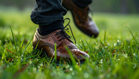 A close-up, low-angle shot captures a person taking a quiet morning walk. Their brown leather shoes press gently into the lush, green grass, which is sparkling with fresh dewdrops.の素材