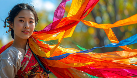 A beautiful young woman smiles amidst a whirlwind of vibrant, colorful ribbons that dance in the wind.の素材