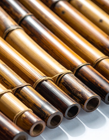 A rhythmic arrangement of warm, rustic bamboo canes creates a visually soothing and textured background.の素材