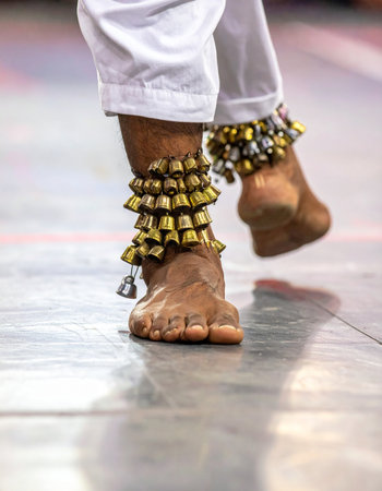 A close-up captures the dynamic motion of a classical Indian dancer's feet.の素材