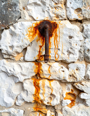 A forgotten iron pipe weeps rust-colored tears down a weathered stone wall, creating a striking abstract pattern.の素材