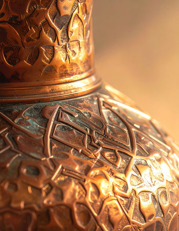 A warm, golden light catches the intricate, hand-embossed details of an antique copper vessel.の素材