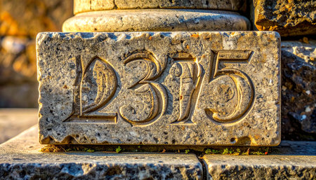 A weathered stone block proudly displays the year 1375, carved in a timeless font.の素材