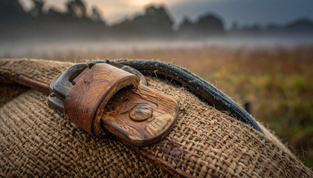 An old, weathered satchel rests in a quiet field, its rustic buckle holding secrets of past journeys.の素材