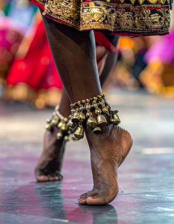 A close-up captures the intricate details of a traditional Indian dancer's feet, adorned with ghungroo ankle bells.の素材