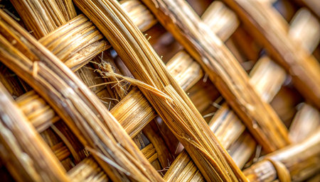 A detailed macro photograph captures the intricate, criss-cross pattern of a hand-woven basket.の素材