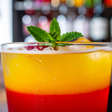 A vibrant, layered summer cocktail sits on the bar, its bright red and yellow hues promising a refreshing escape.の素材