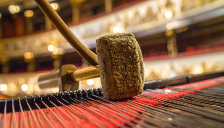 A close-up captures the precise and powerful moment a mallet strikes the vibrant red strings of a grand piano.の素材