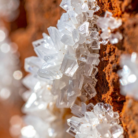 A stunning macro photograph capturing the intricate and delicate structure of a natural white crystal formation.の素材