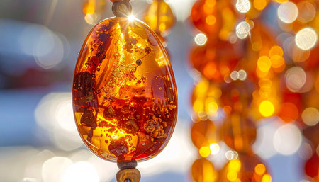 A magnificent piece of ancient amber, polished to a smooth finish, catches the light and glows from within.の素材