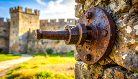 A close-up captures the rich texture of a rusted iron fixture, a forgotten relic of a bygone era, mounted on a weathered stone wall.の素材