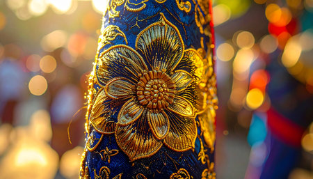 A detailed close-up of an ornate, golden embossed flower on a deep blue surface.の素材