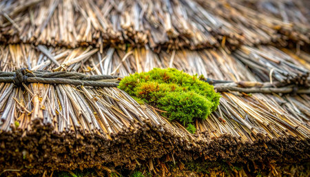 A vibrant patch of green moss thrives on a weathered, traditional thatched roof, symbolizing resilience and nature's persistence.の素材