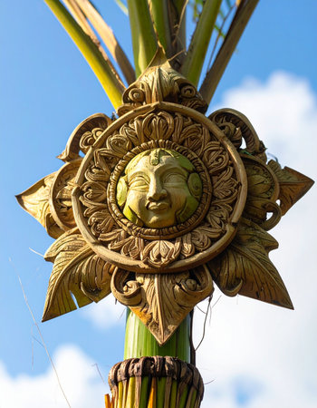 A beautifully detailed carving of a serene sun face, a traditional Balinese ornament, gazes peacefully from a palm tree.の素材