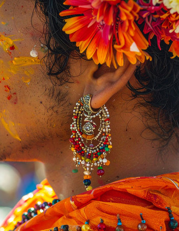 A close-up captures the vibrant details of a traditional Indian celebration. An ornate, colorful earring dangles beside skin dusted with festive powders, while bright flowers adorn the hair.の素材